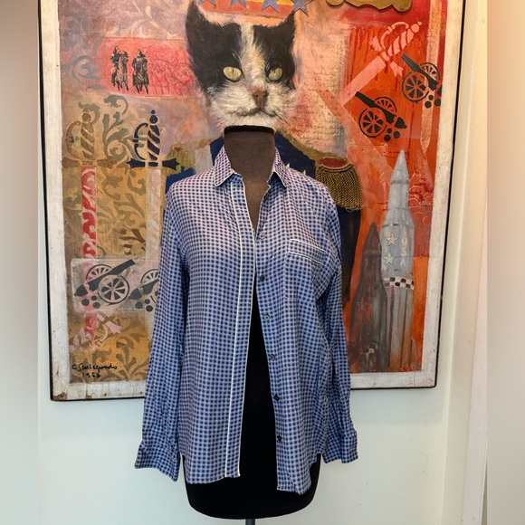 Paul & Joe Paris Couture 100% Viscose button down blue white micro pattern Sz S